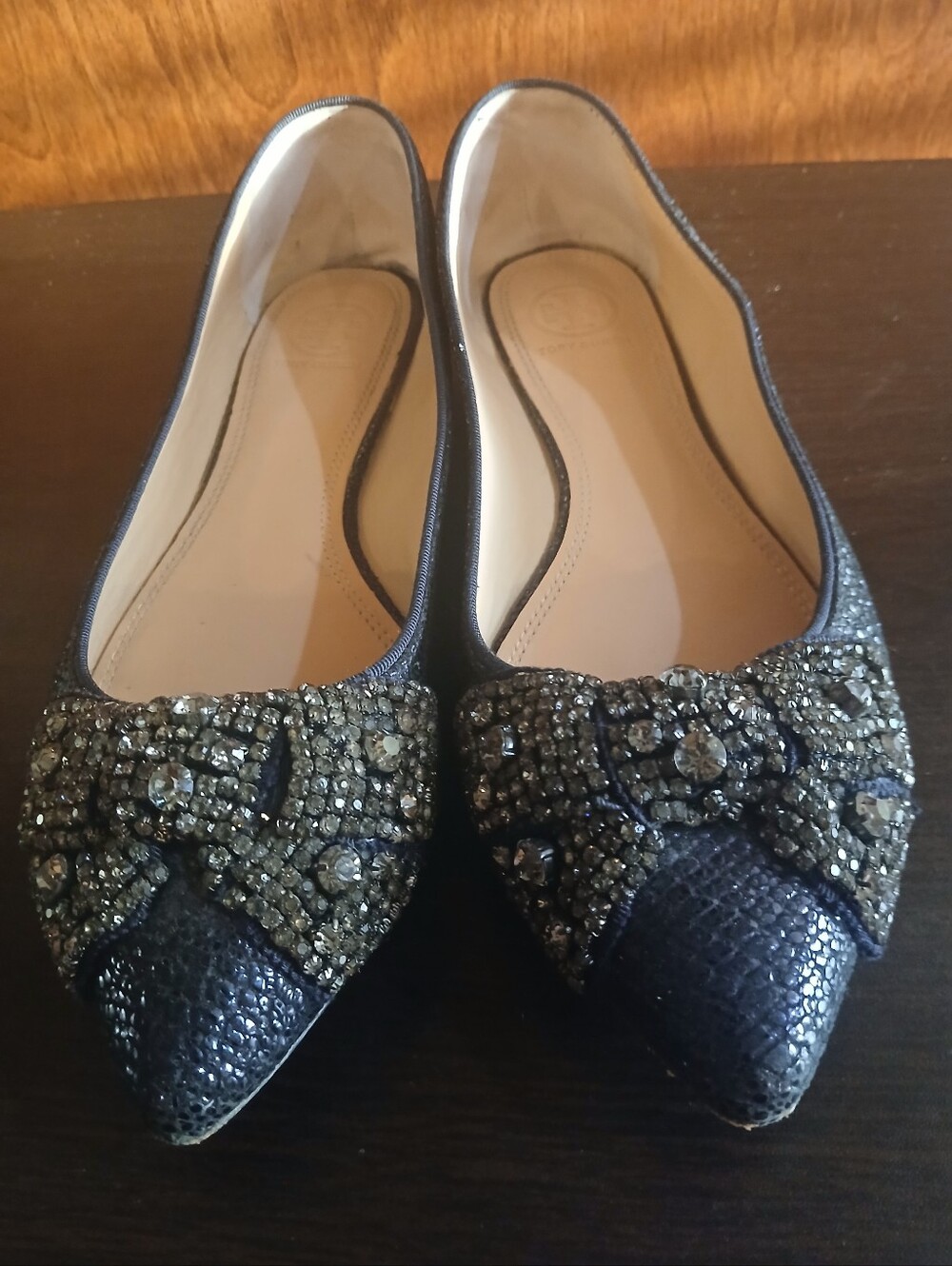 TORY BURCH black textured patent leather rhinestone flats